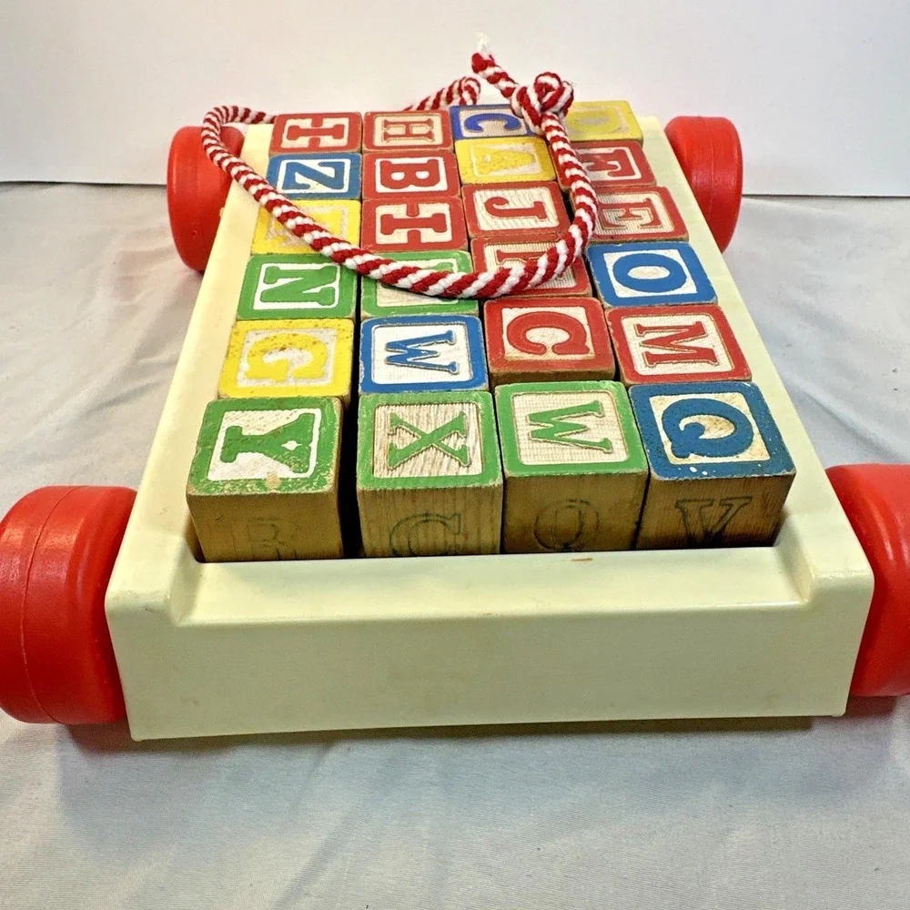 Vintage Playschool Wooden alphabet  Block Pull Wagon.  Great Collection Piece.